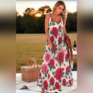 Rouge Helium Red and Green Floral Maxi Dress